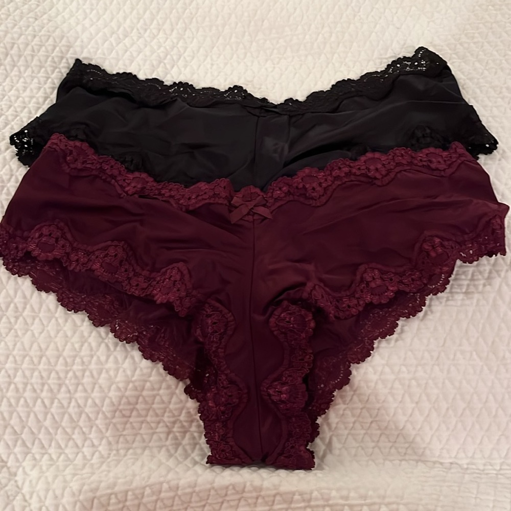 Victoria’s Secret 2 Silky Lace Cheeky Panties Black Wine size Large